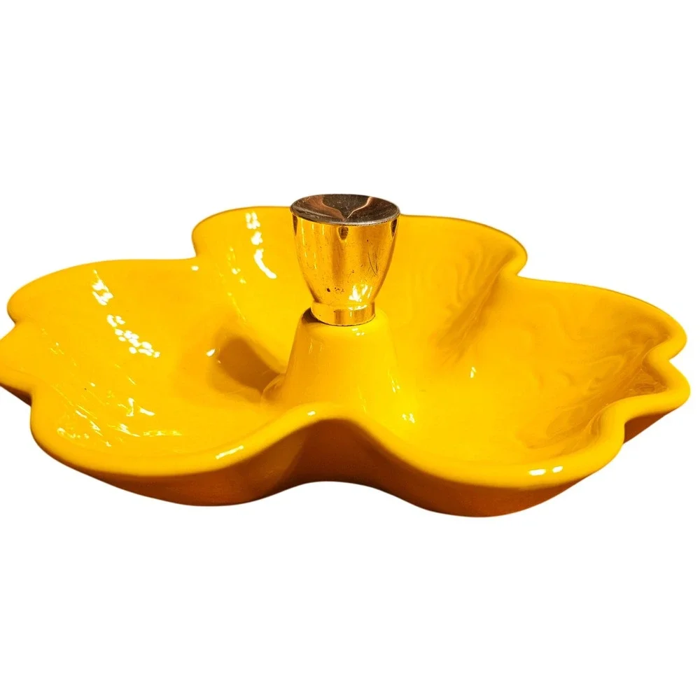 Vintage Yellow Ceramic 3 Section Candy Dish Gold Handle Mid Century Modern 7.5in